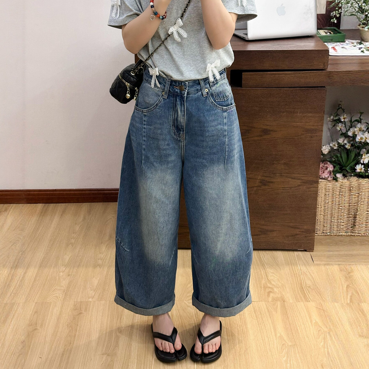 贴标卷边九分阔腿牛仔裤女欧洲站