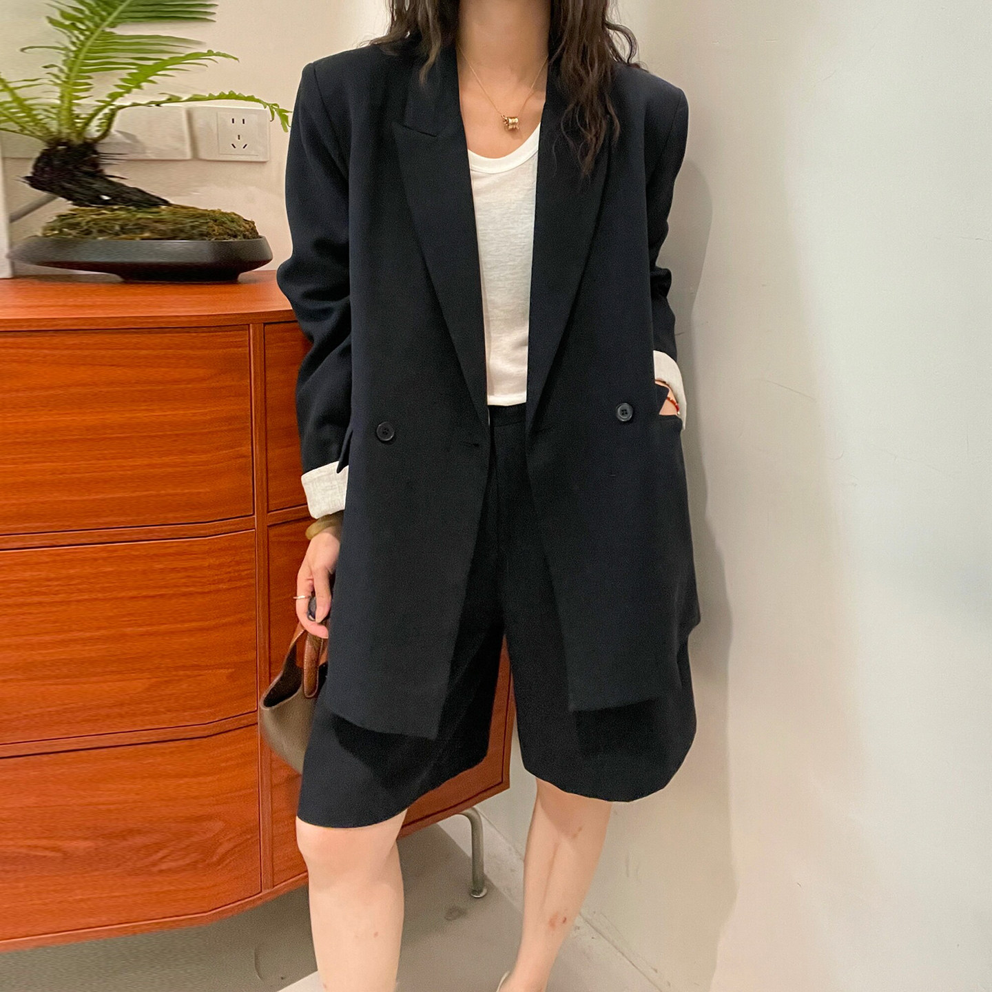 高级感西装外套阔腿中裤两件套装
