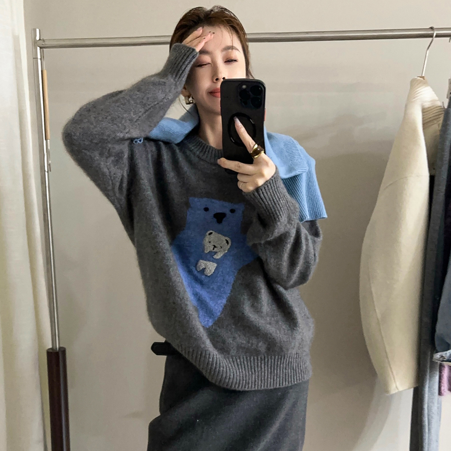 小熊刺绣细羊毛针织衫女欧洲站2025冬装新款欧货女装时尚打底衫潮