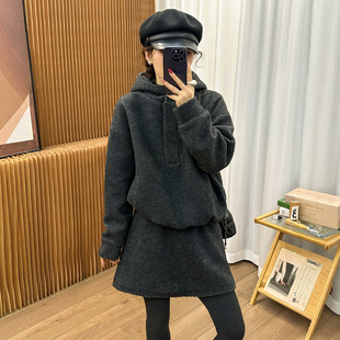 羊毛呢连帽卫衣半身裙两件套套装女欧洲站2025冬装新款欧货女装潮