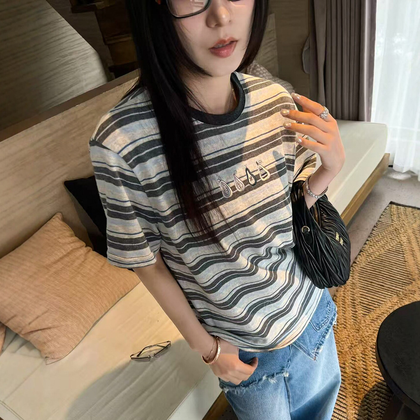 小梨刺绣印花条纹短袖T恤女欧洲站2026春装新款欧货女装打底衫潮