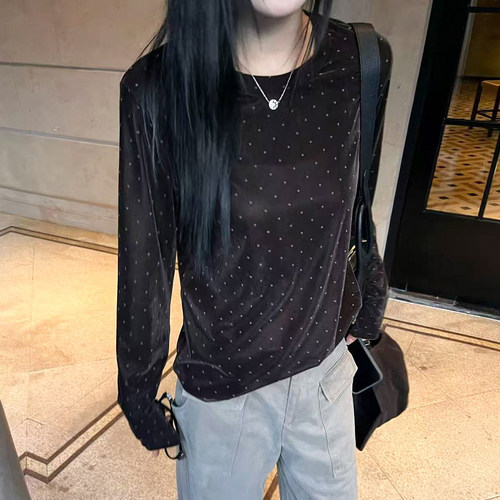 撞色波点金丝绒长袖T恤女欧洲站