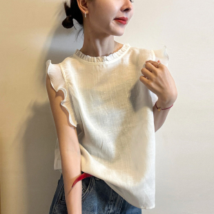 木耳边飞飞袖麻料衬衫女欧洲站2026夏季新款欧货女装A字娃娃衫潮