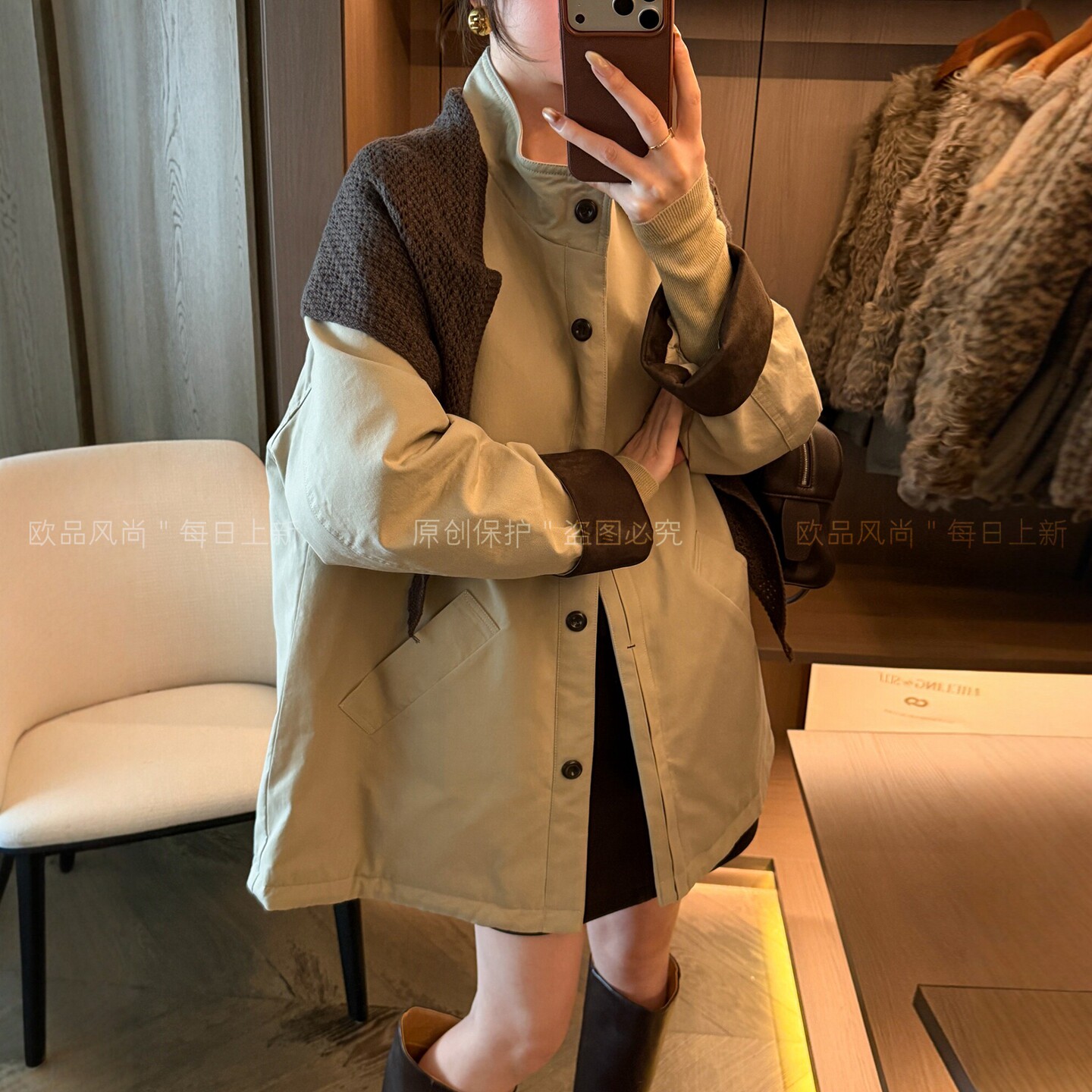 配披肩立领羽绒服风衣外套女欧货