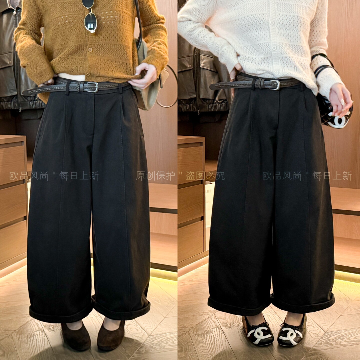 复古卷边九分西装阔腿裤女欧洲站