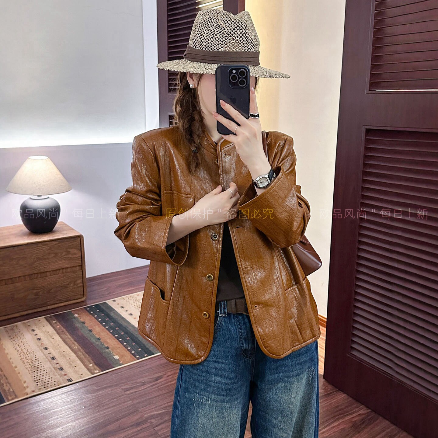 复古立领蛋白皮PU皮衣外套女欧货