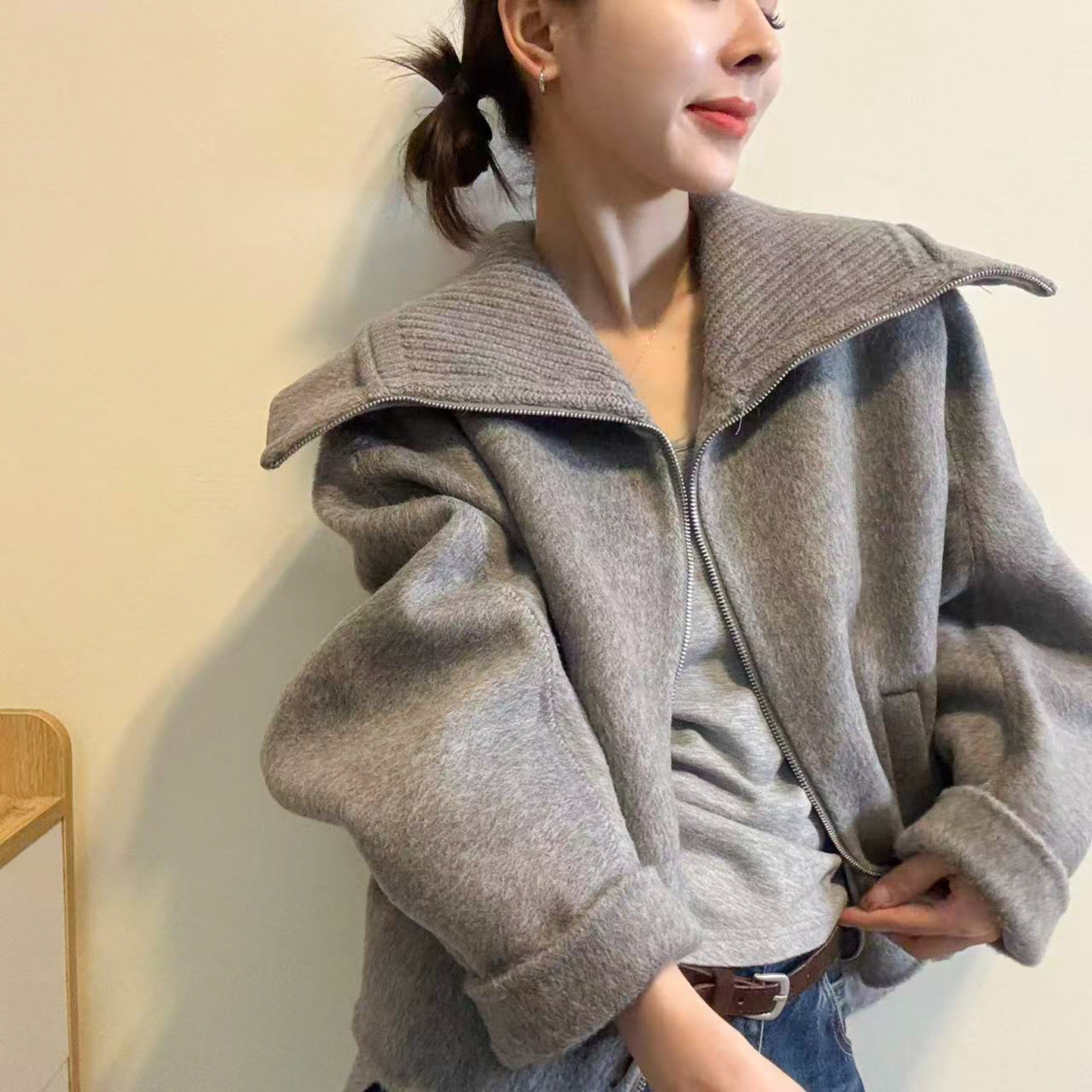 海军领双面羊绒大衣外套女欧洲站