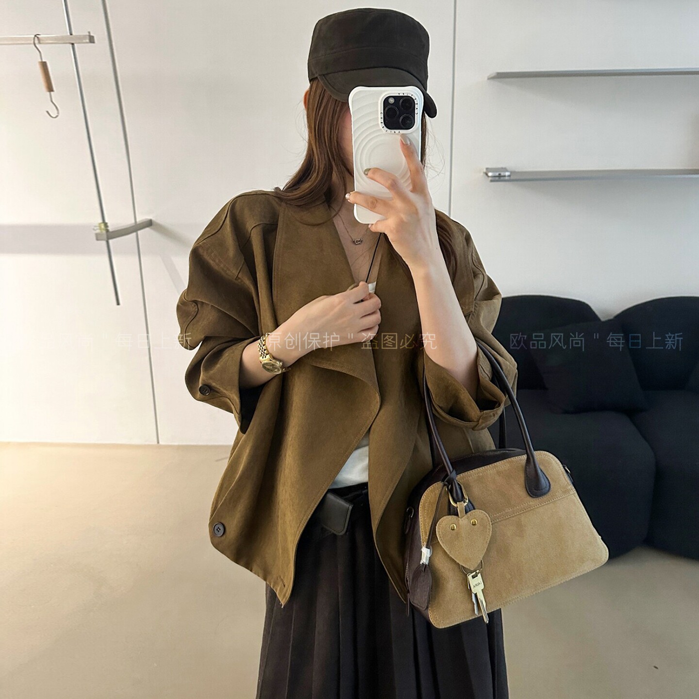 不规则翻领短款风衣外套女欧洲站