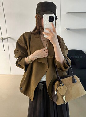 不规则翻领短款风衣外套女欧洲站