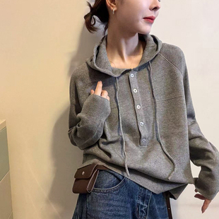 毛衣打底衫 抽绳连帽细羊毛针织衫 欧货女装 新款 潮 女欧洲站2025冬装