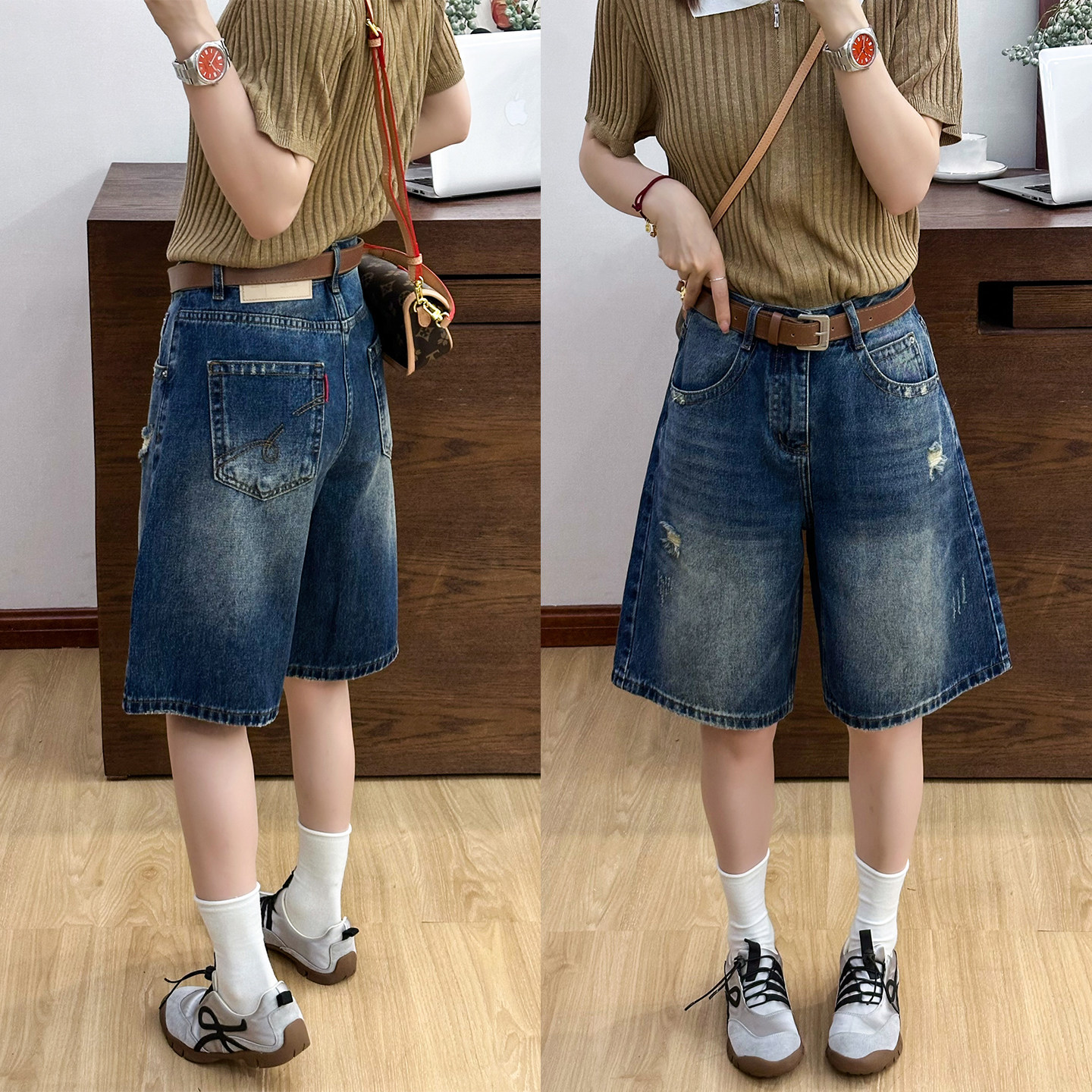复古破洞阔腿牛仔中裤女欧洲站2026夏装新款欧货女装短裤五分裤潮
