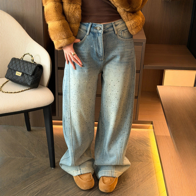 重工烫钻拖地阔腿牛仔裤女欧洲站