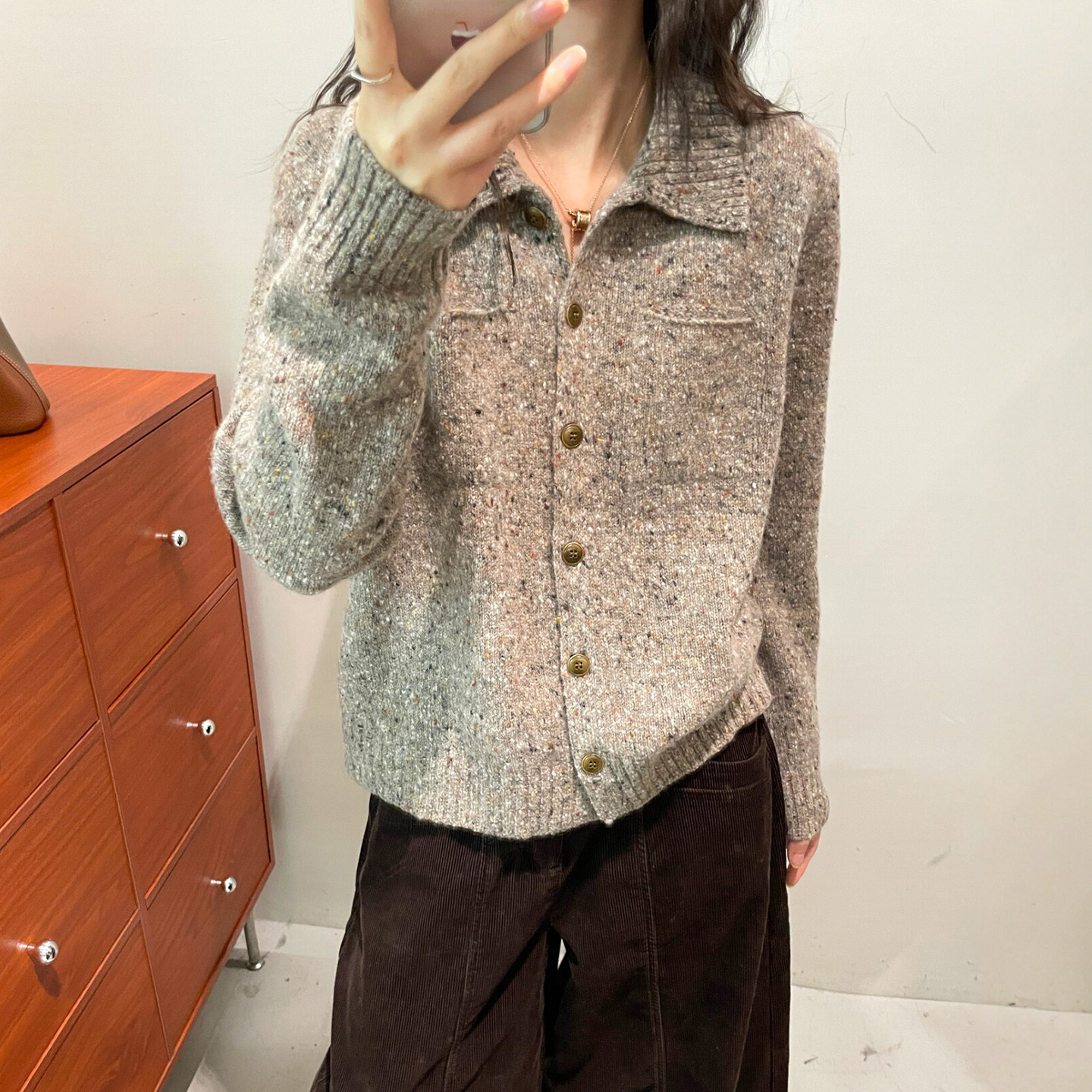 100%羊毛杂线翻领针织开衫女欧货