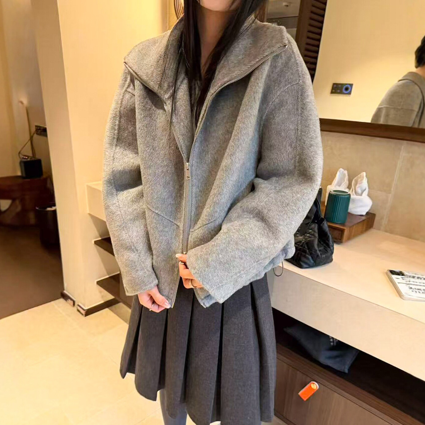 海军领双面羊绒大衣女欧洲站外套
