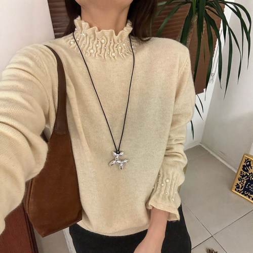 小半高领钉珠羊毛针织衫女欧洲站