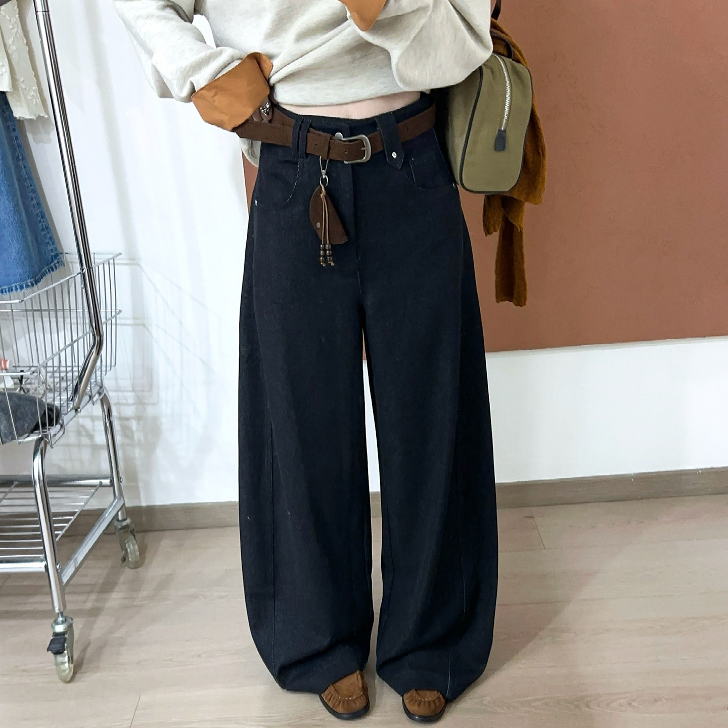 深蓝色拖地阔腿牛仔裤女欧洲站潮
