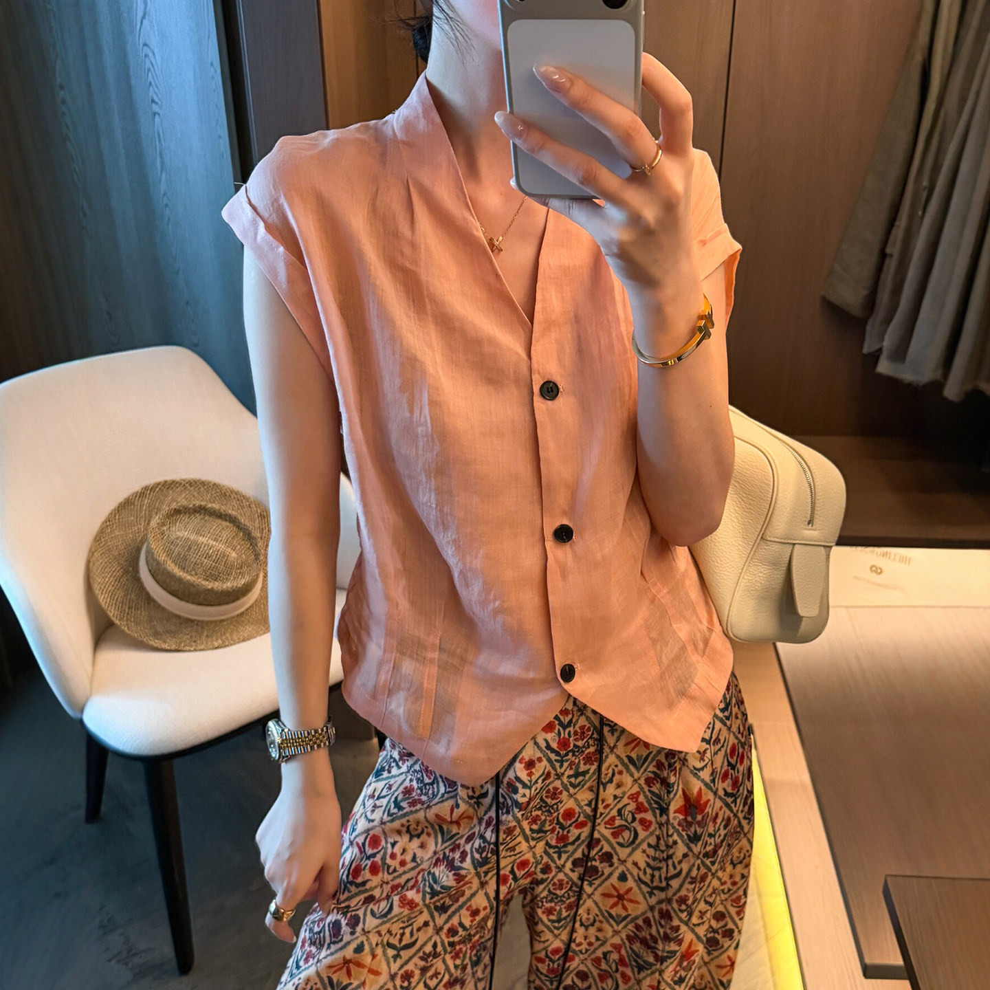 100%苎麻小飞袖V领衬衫女欧洲站