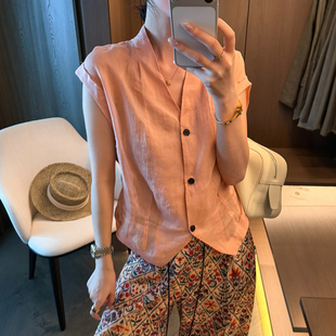 苎麻小飞袖V领衬衫女欧洲站2026夏季新款欧货女装时尚娃娃衫