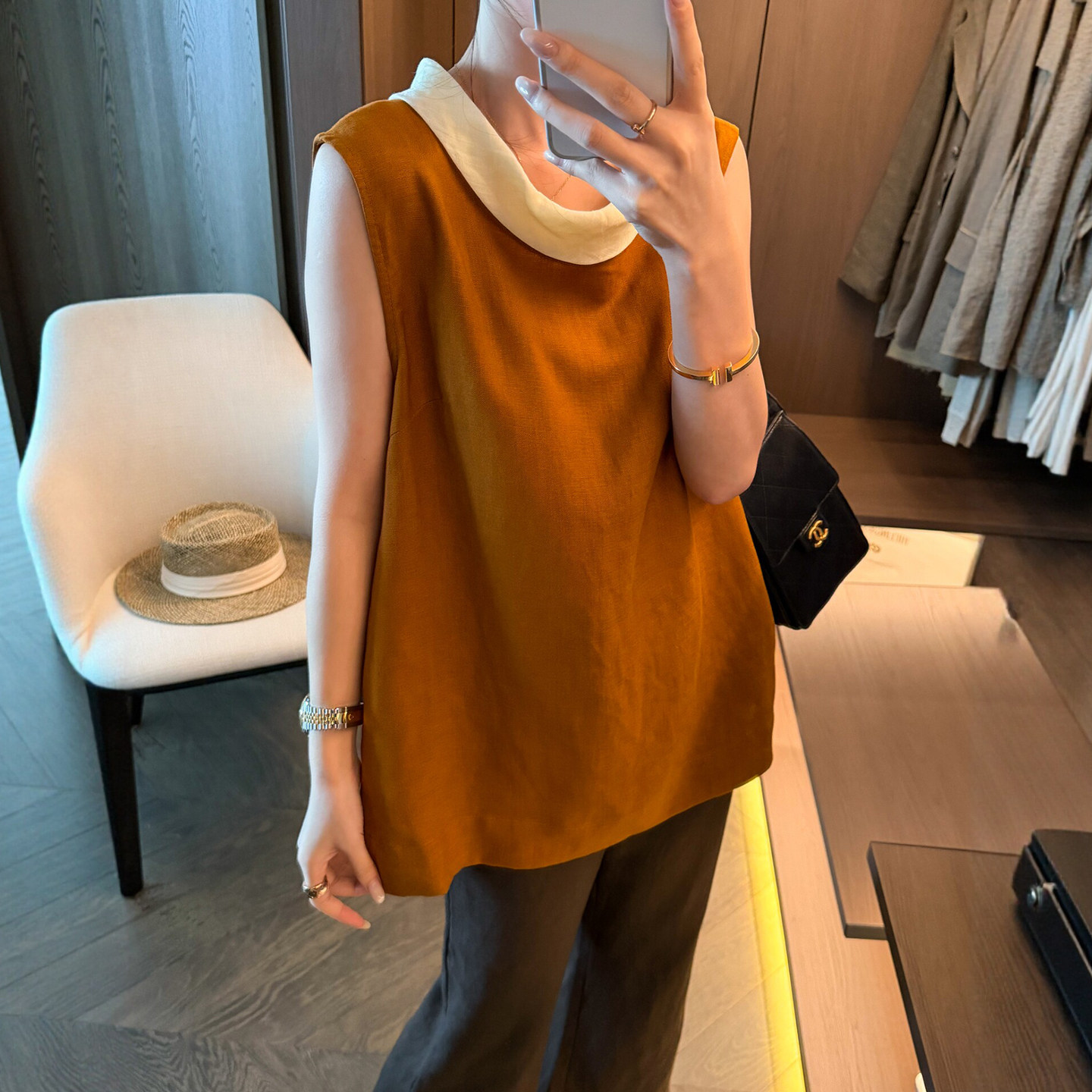 100%亚麻撞色无袖衬衫女欧洲站