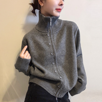 复古高领细羊毛针织开衫女欧洲站