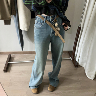 直筒阔腿裤 配挂件拖地加绒牛仔裤 欧货女装 新款 潮 女欧洲站2025冬装