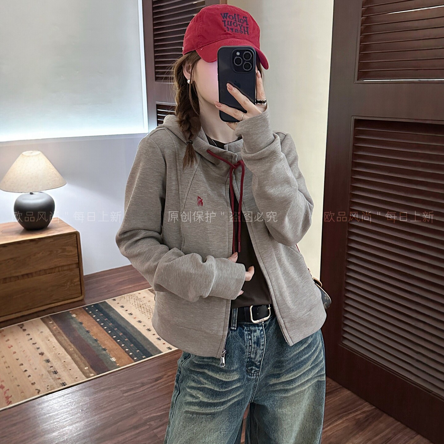 复古刺绣连帽卫衣开衫外套女欧货