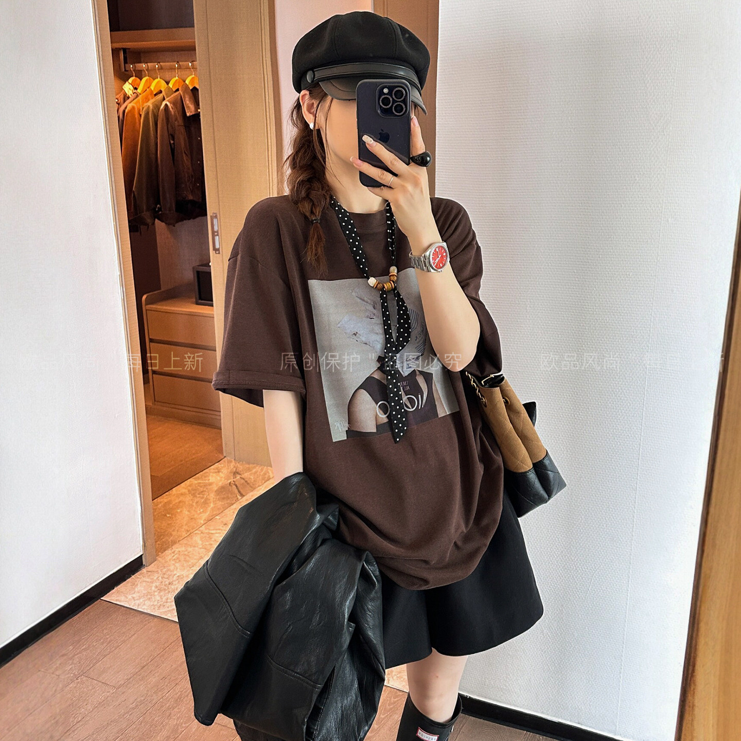 复古印花大版短袖T恤女欧洲站、