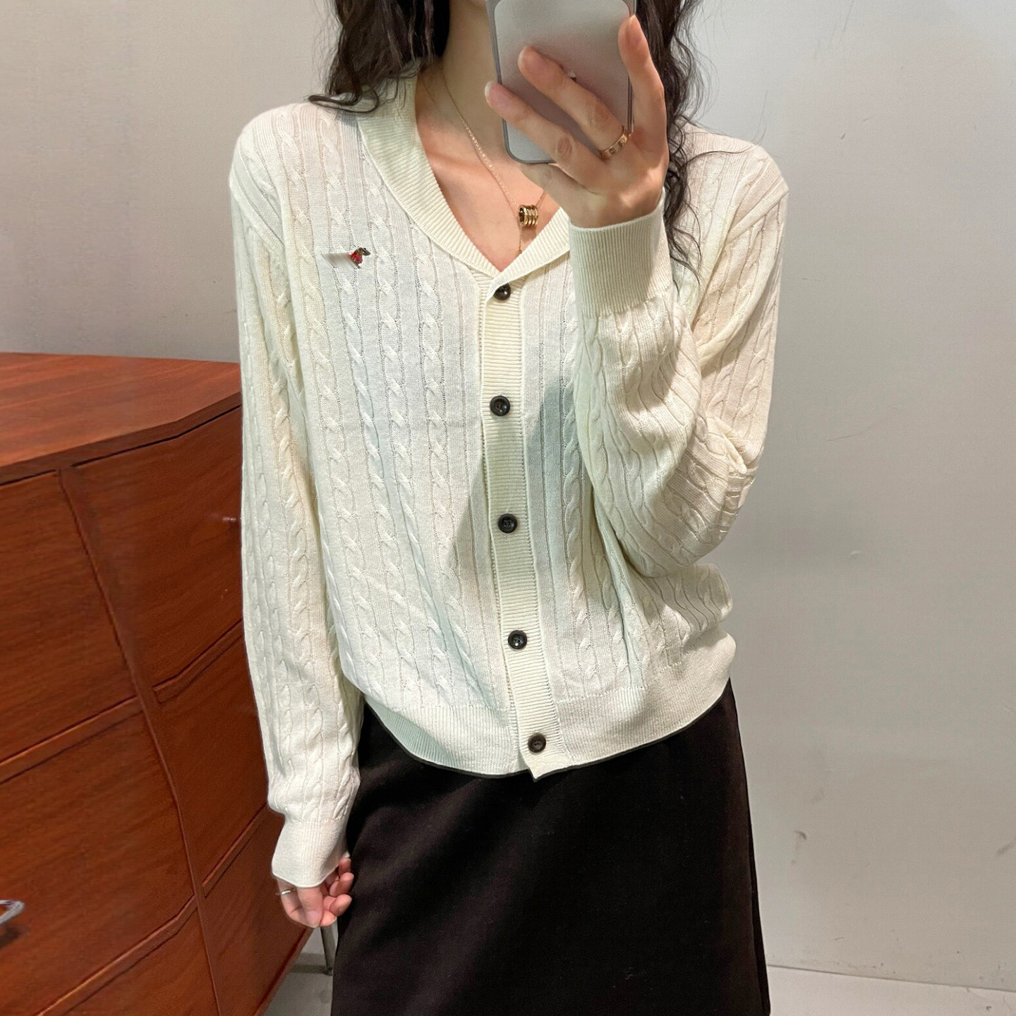 青果领麻花纹绵羊毛针织开衫欧货