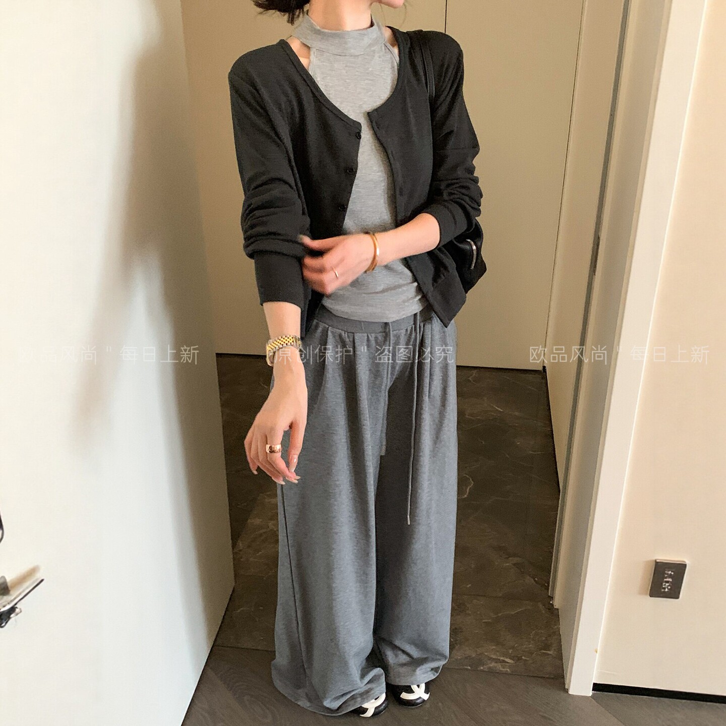 开衫外套挂脖吊带阔腿裤三件套装