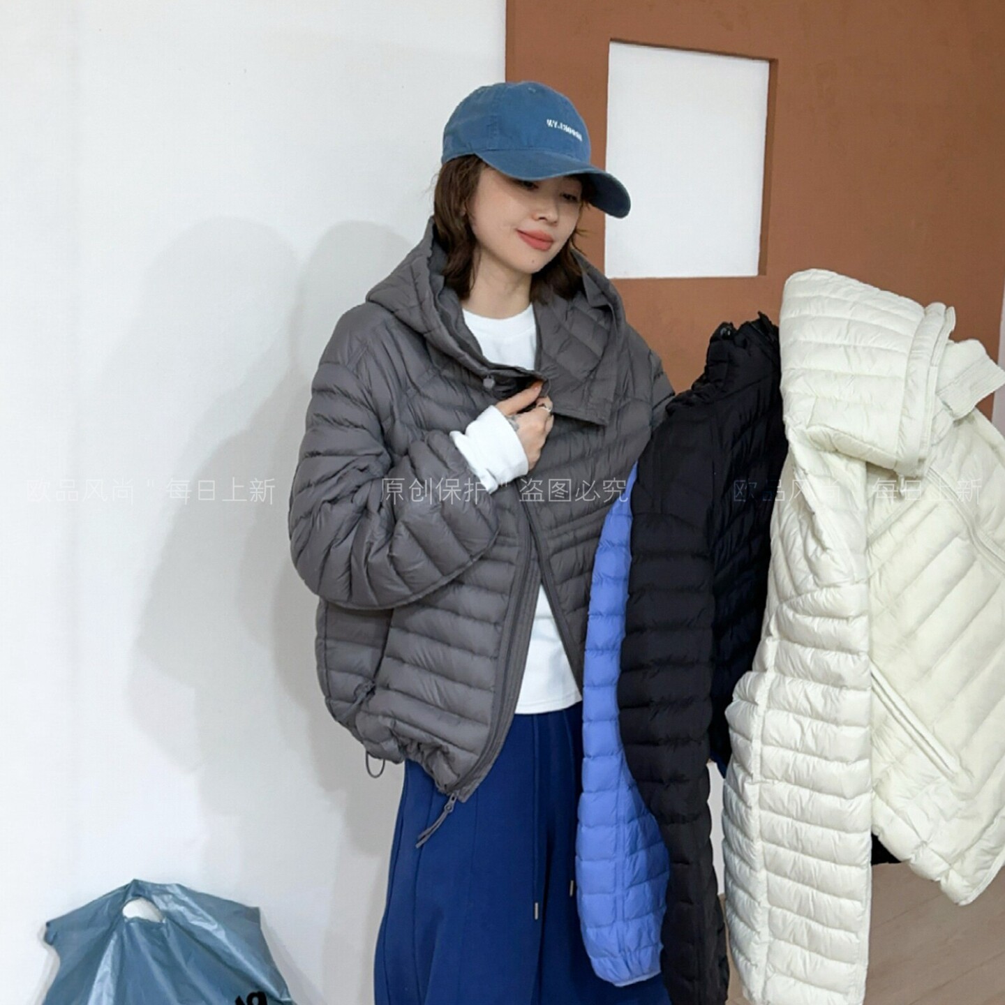 95白鸭绒连帽排骨羽绒服女欧洲站
