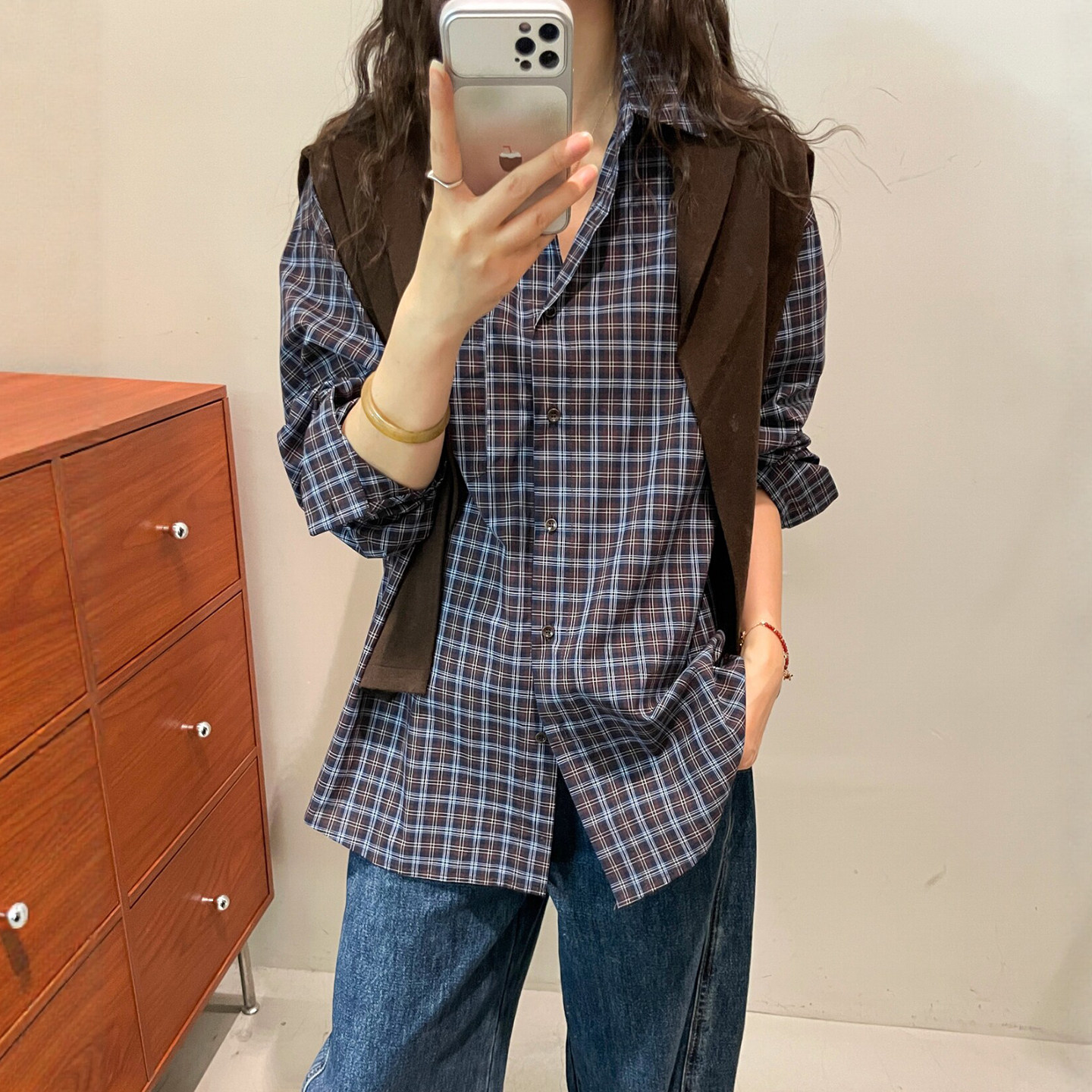 配披肩撞色格子长袖衬衫女欧洲站