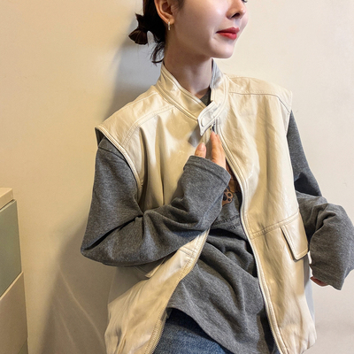 复古立领蛋白皮PU皮衣马甲欧洲站