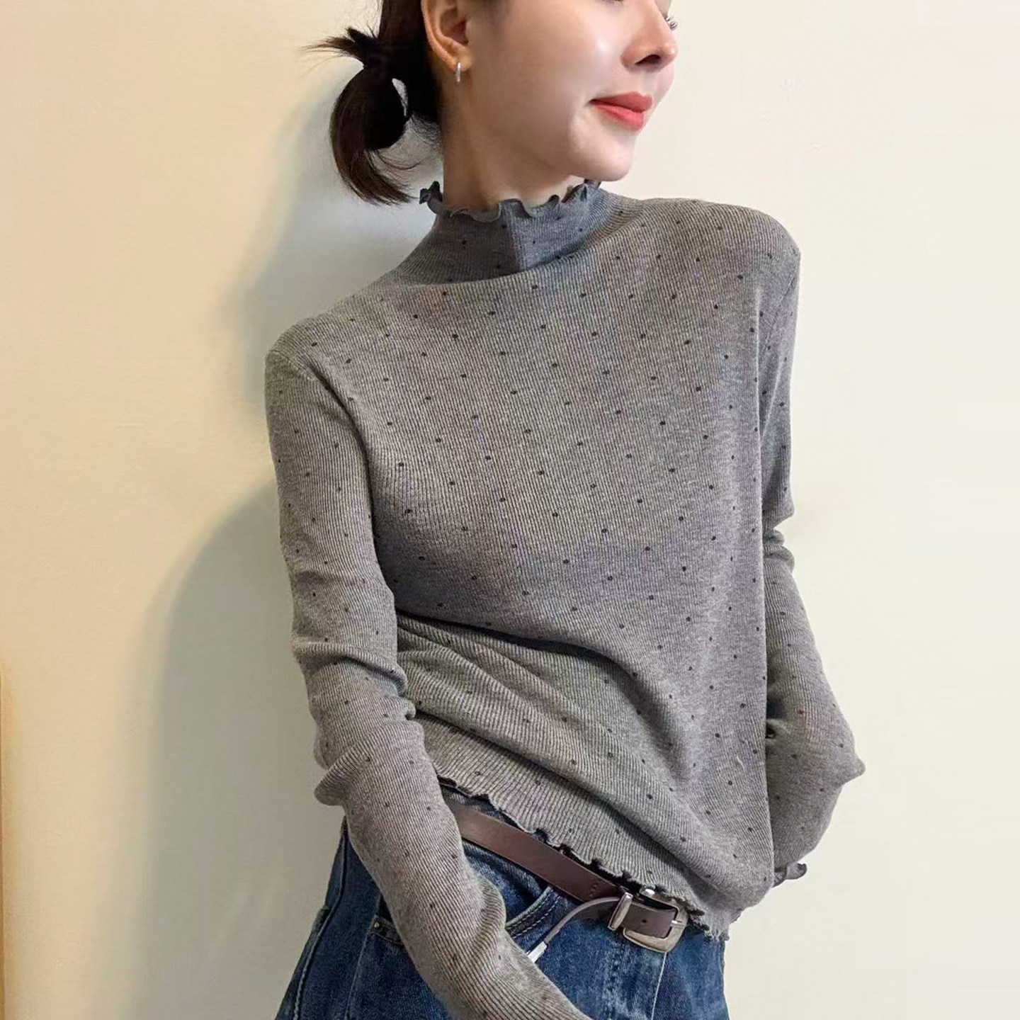 木耳边波点高领羊毛针织衫女欧货