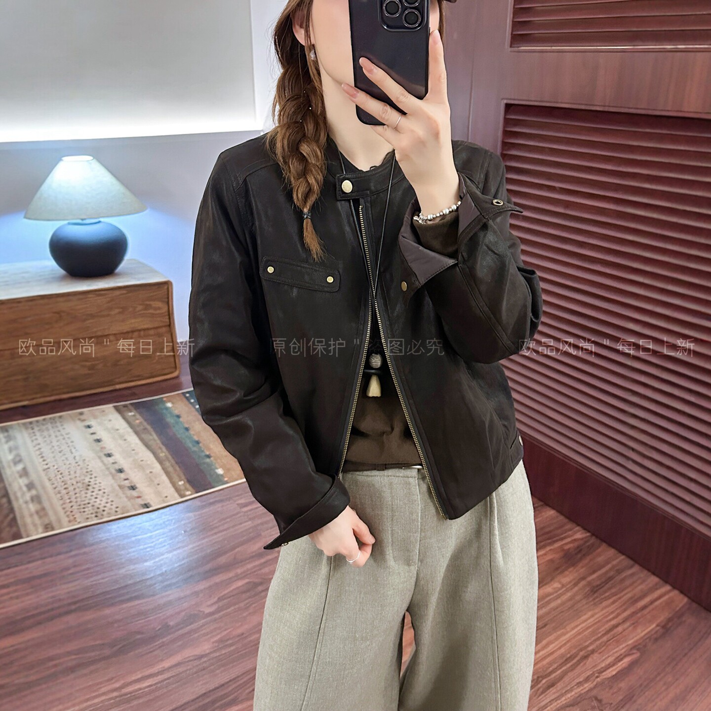 复古立领PU皮羽绒服女欧洲站外套