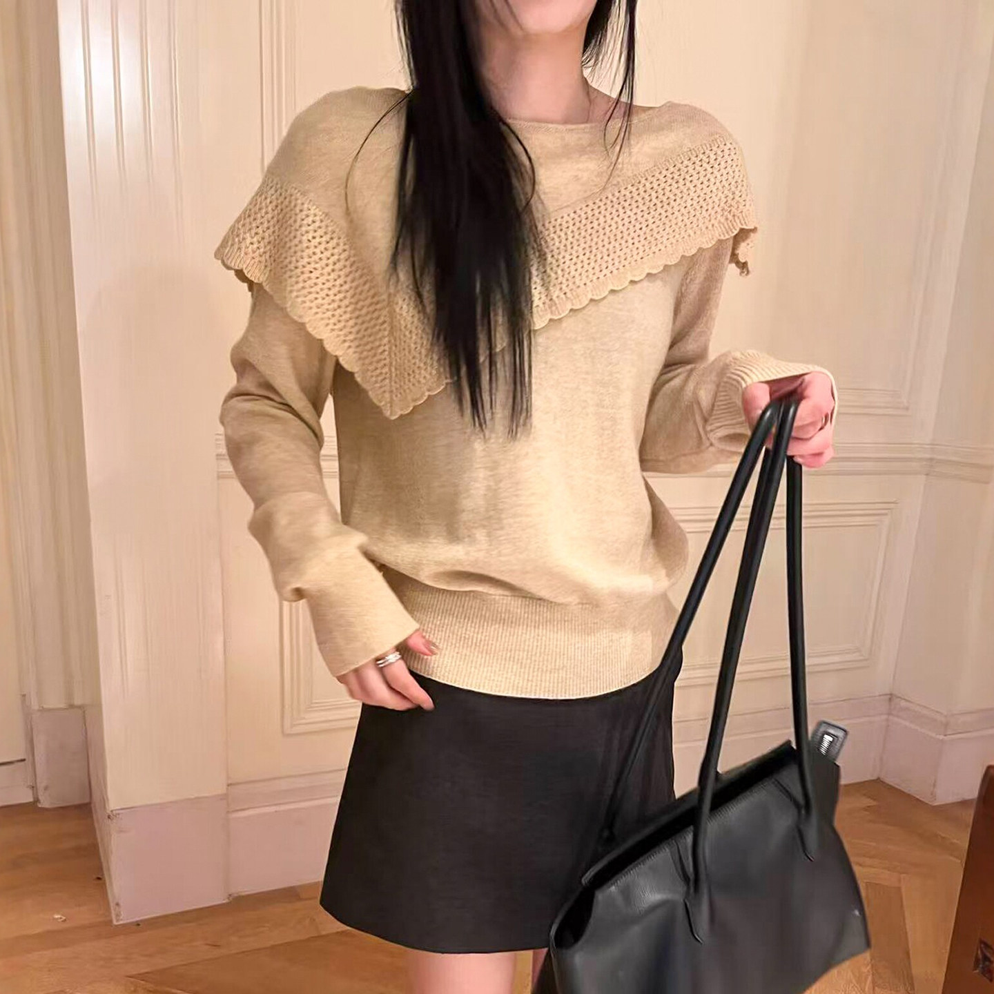 镂空荷叶边羊毛针织衫女欧洲站潮