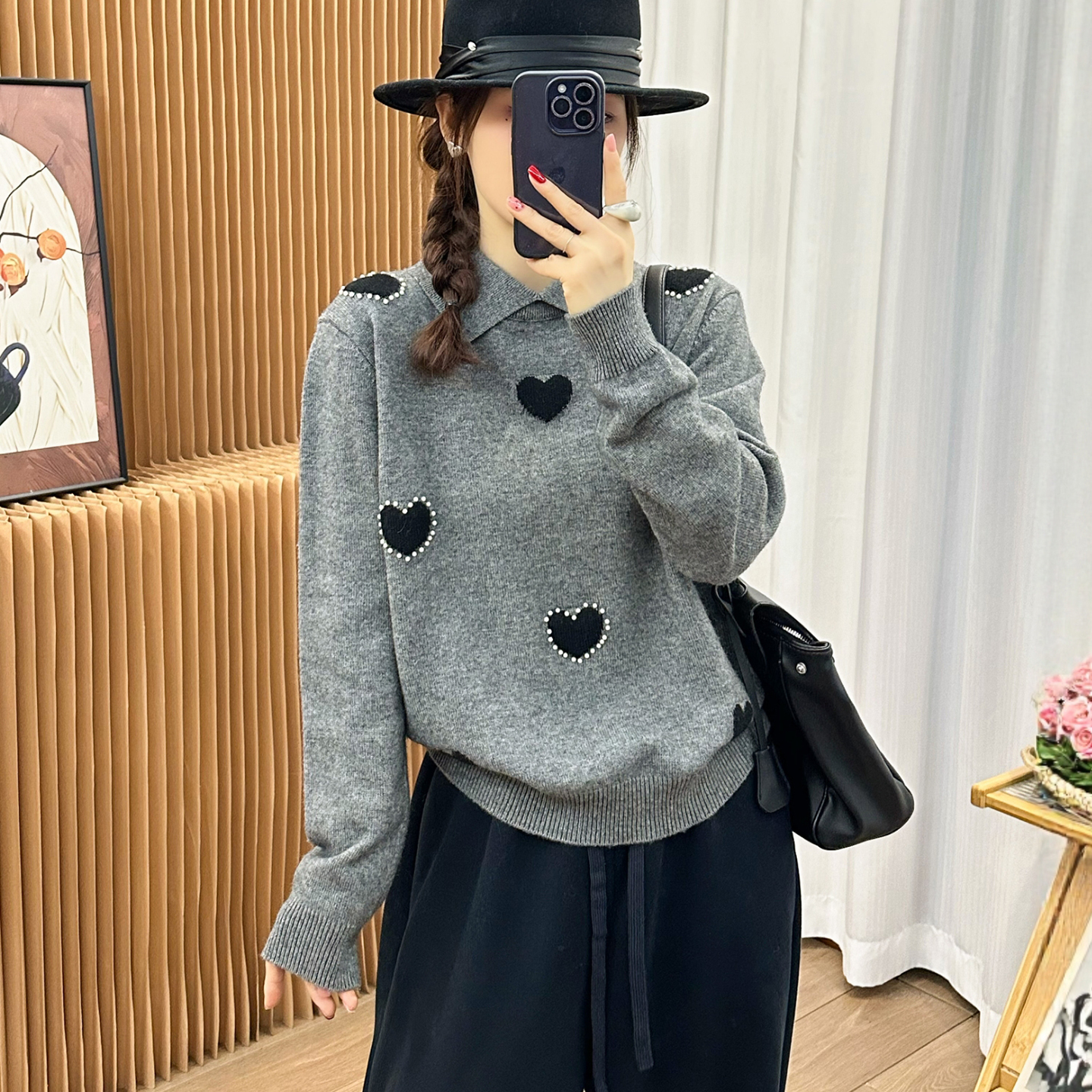 爱心钉珠翻领羊毛针织衫女欧洲站