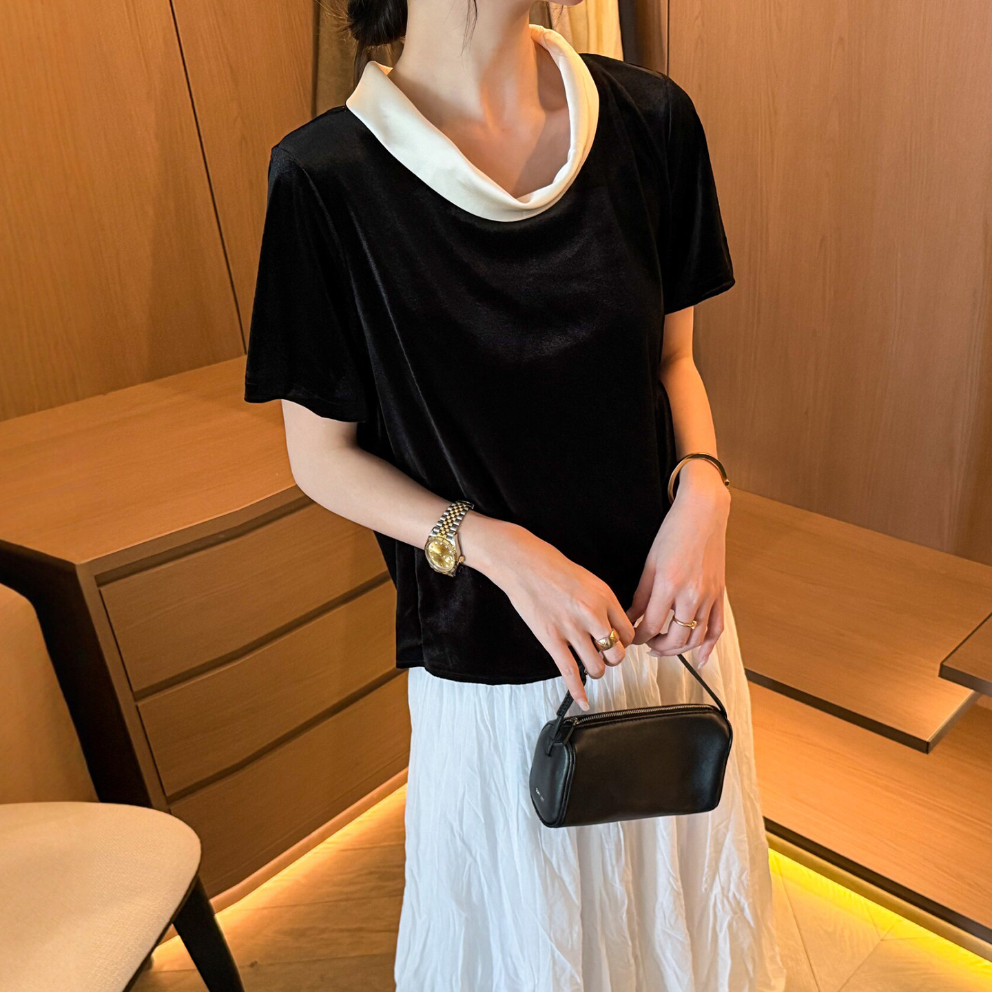撞色拼接镂空金丝绒衬衫女欧洲站2026夏季新款欧货女装短袖上衣潮