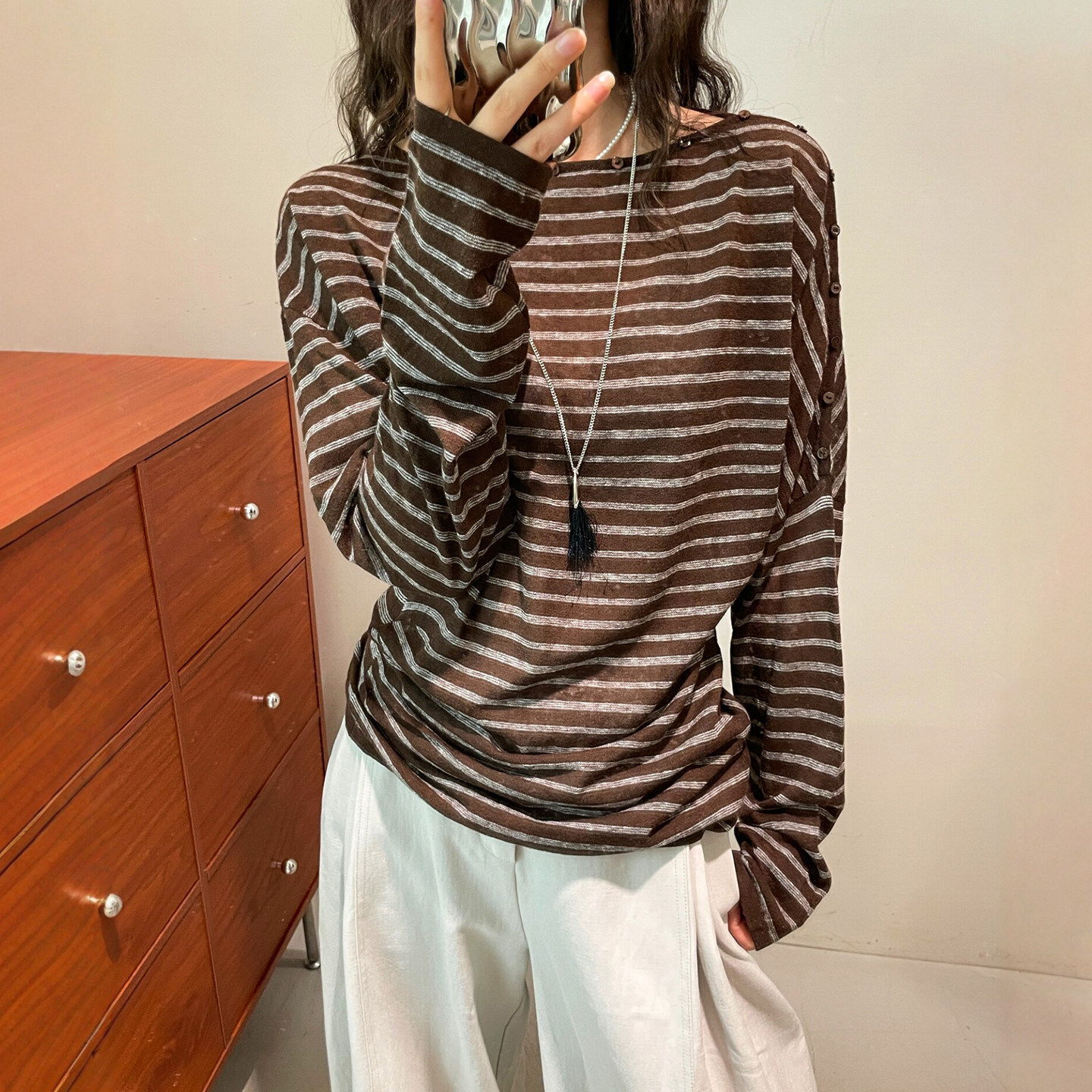 一字领条纹亚麻针织衫女欧洲站潮