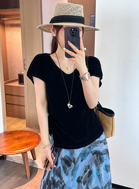 侧边系带金丝绒短袖T恤女欧洲站