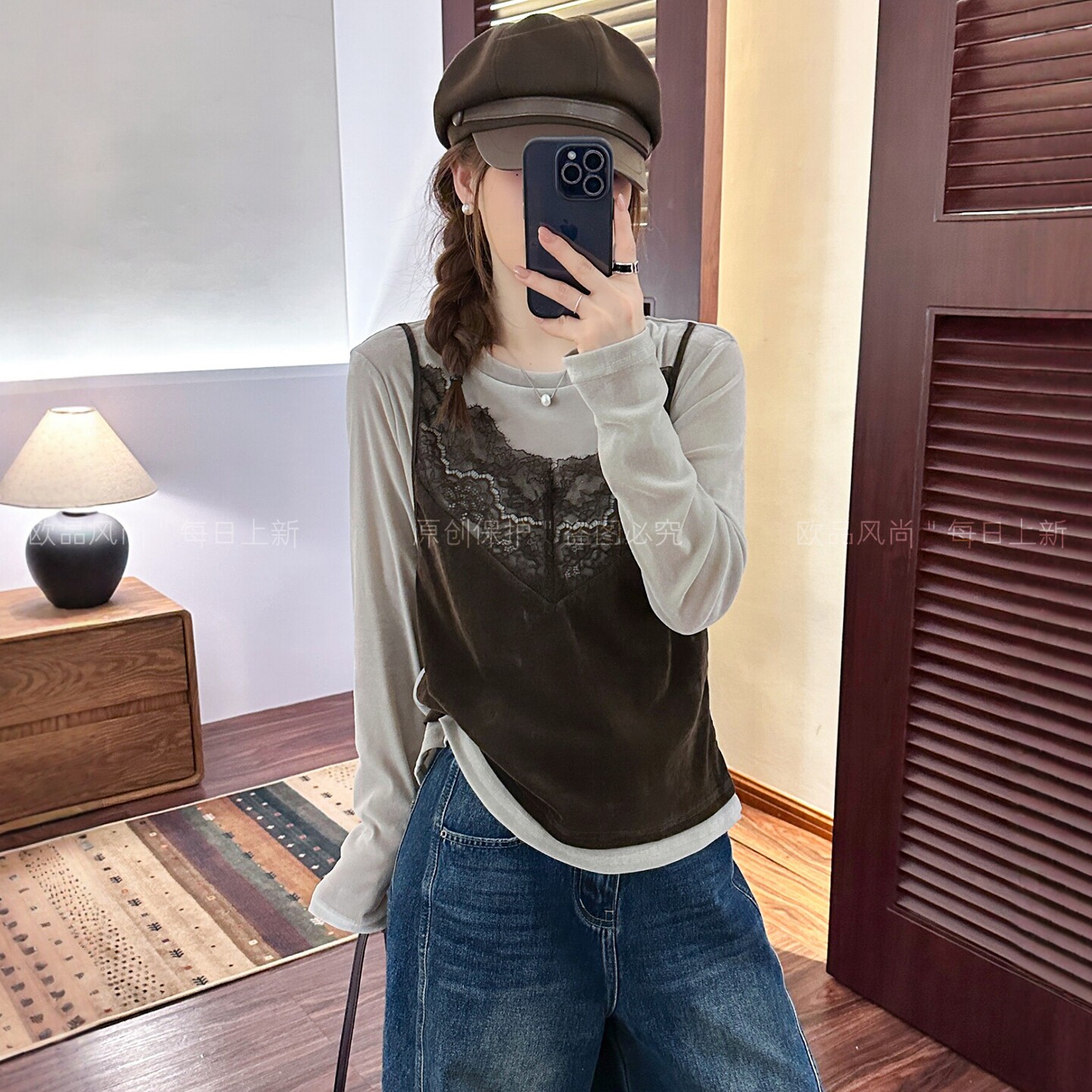 假两件蕾丝金丝绒吊带T恤女欧货