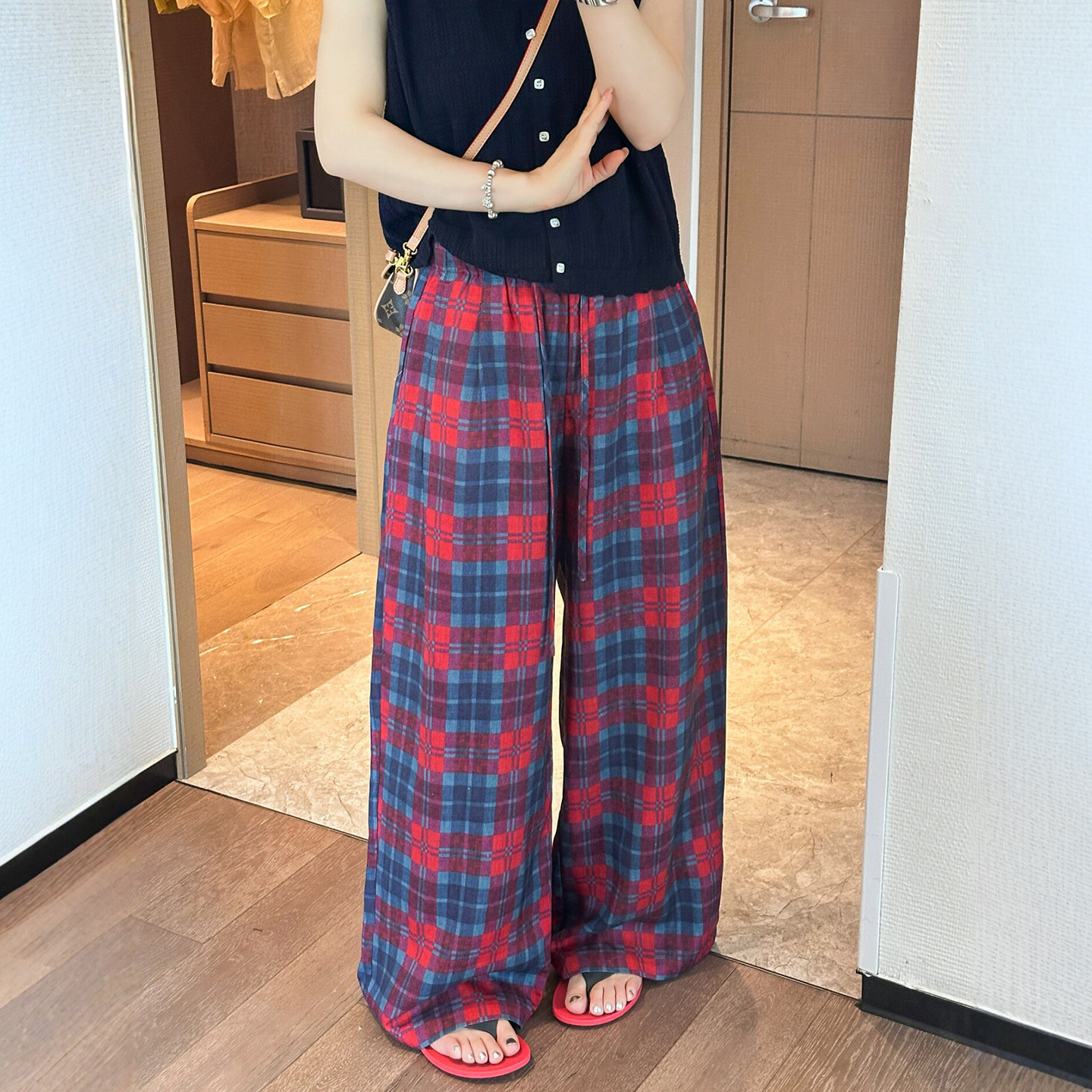 撞色格子拖地直筒阔腿裤女欧洲站