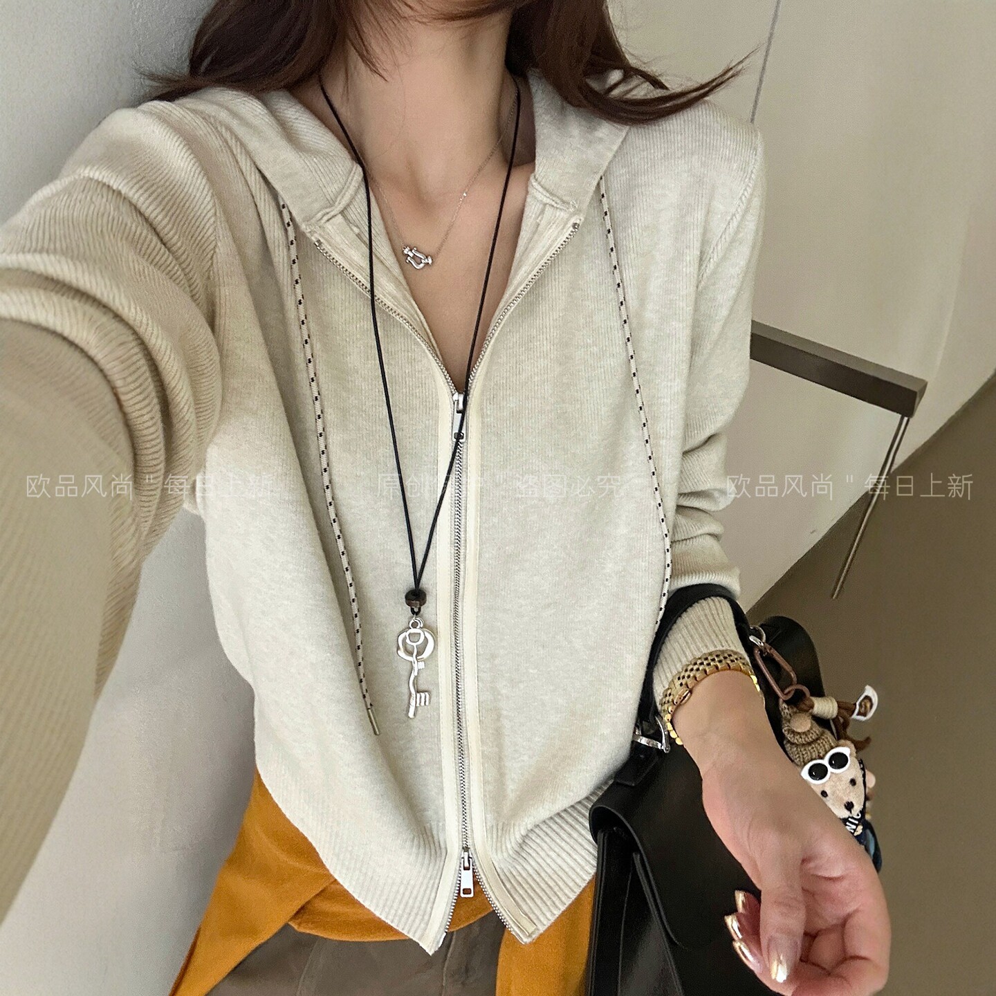 双拉链连帽针织开衫女欧洲站外套