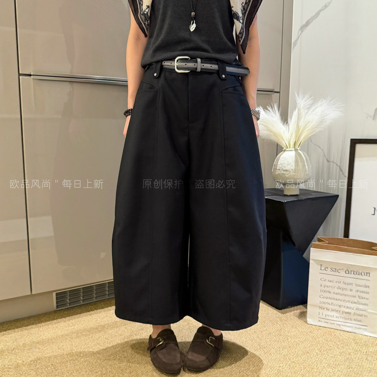 配腰带八分气球西装阔腿裤女欧货