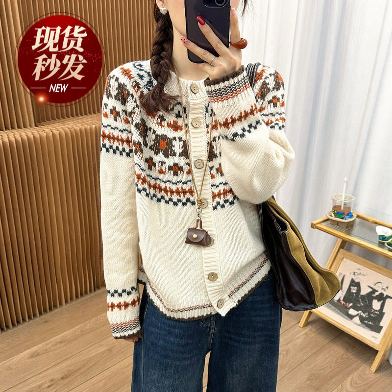 民族风提花羊绒针织开衫女欧洲站2025冬装新款欧货女装毛衣外套潮,女装/女士精品,毛针织衫,淘宝优惠券,粉丝福利购,淘宝优惠卷