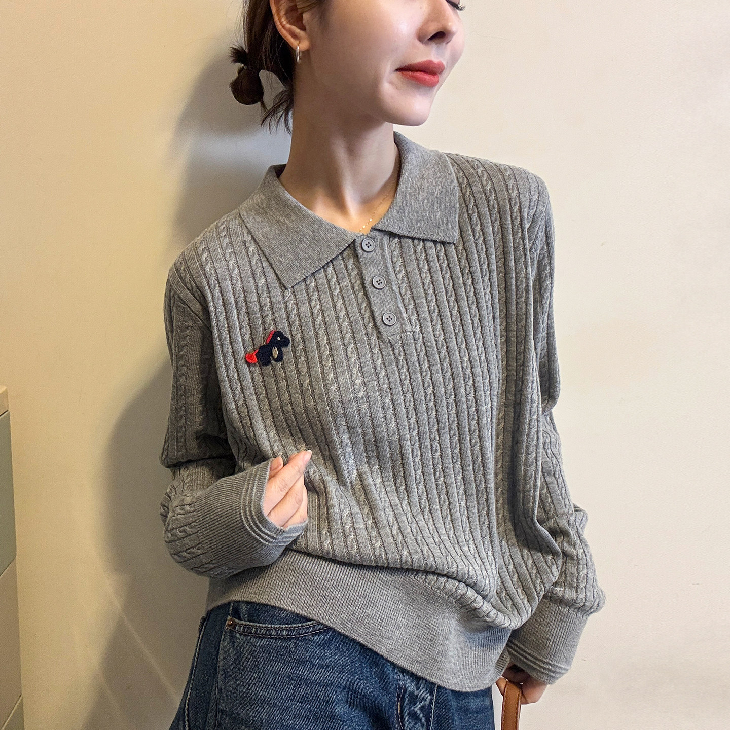 POLO领麻花纹羊毛针织衫女欧洲站2026春装新款欧货女装打底小衫潮