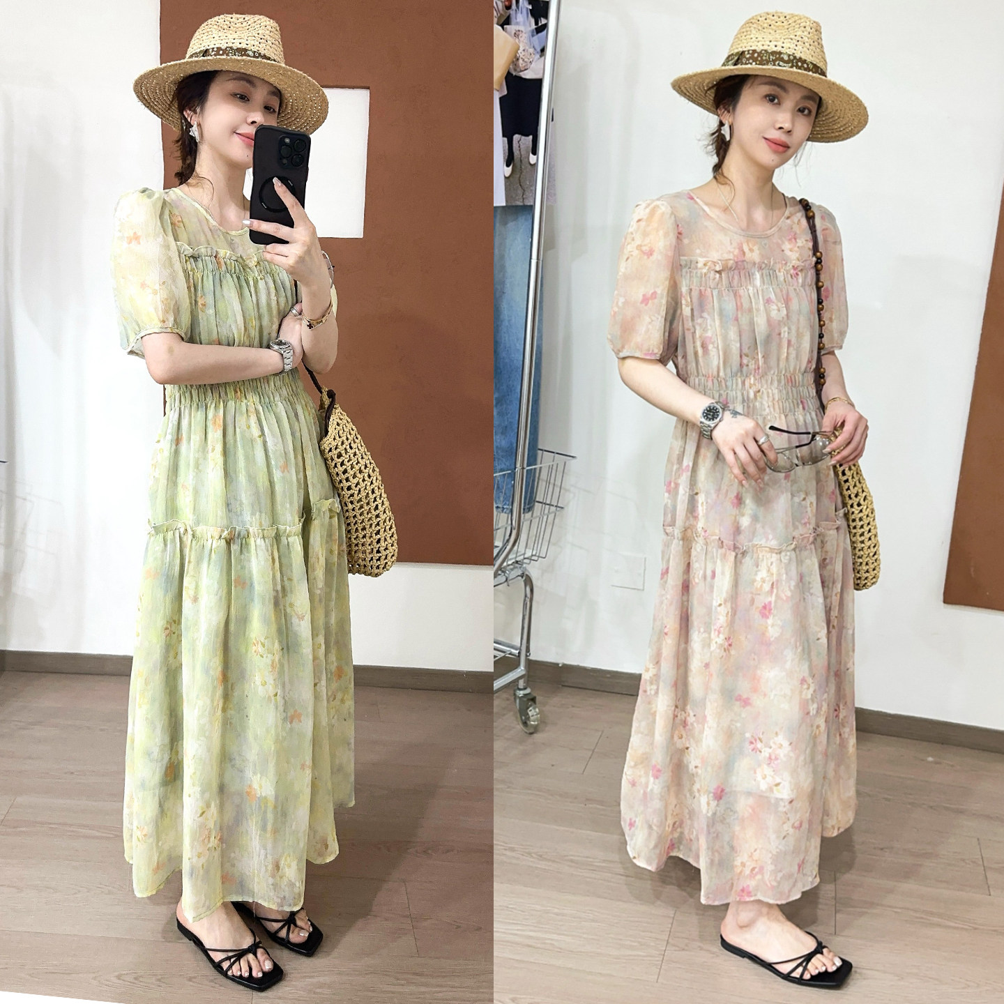 泡泡袖碎花收腰连衣裙女欧货裙子