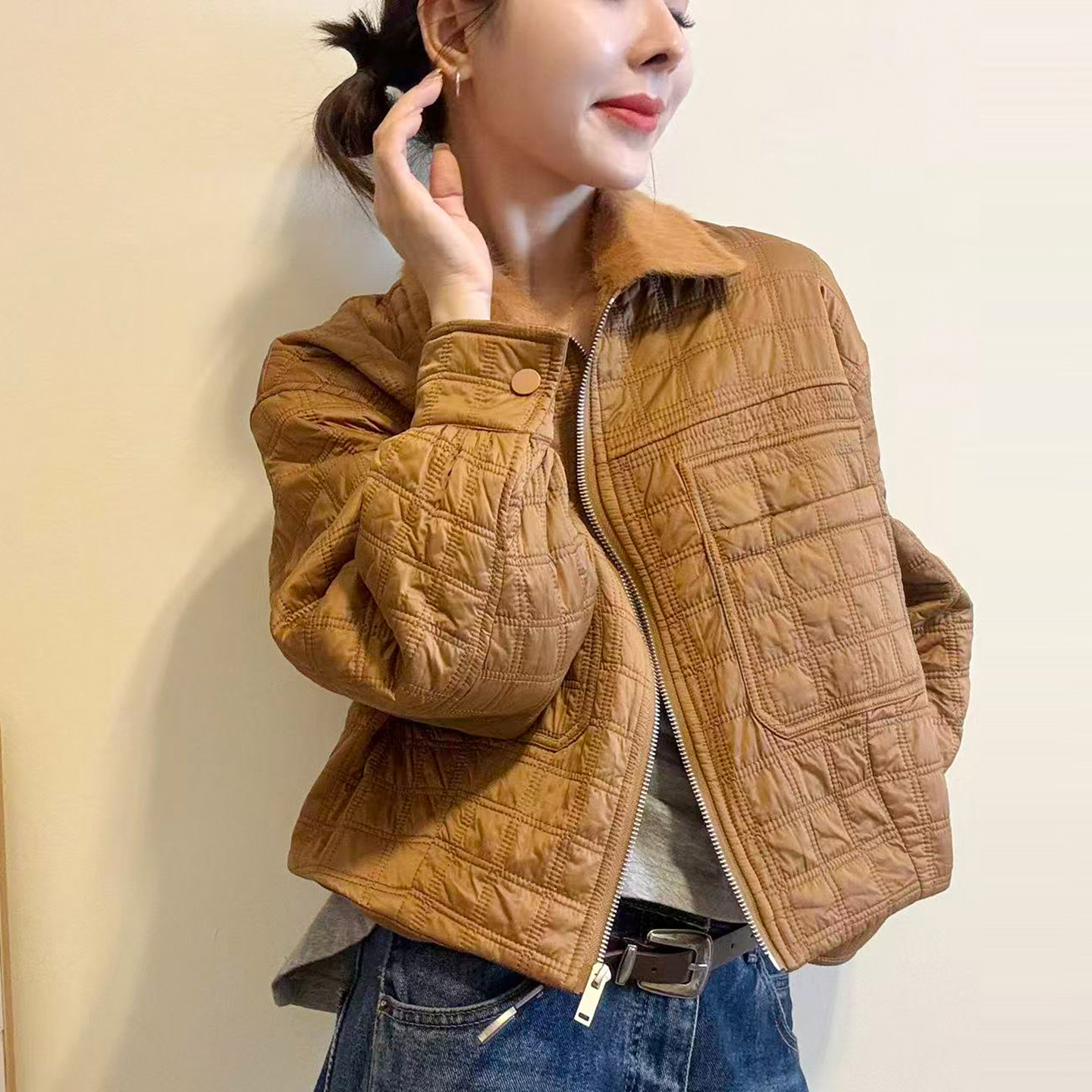 POLO领压格加棉短外套女欧货棉服