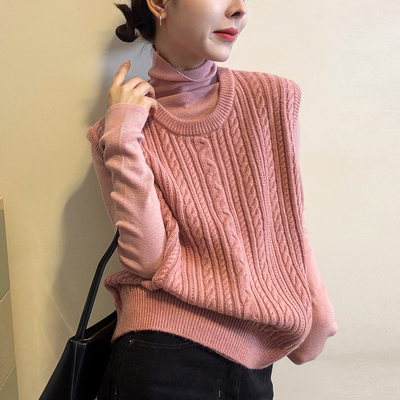 麻花纹羊毛针织衫马甲背心两件套