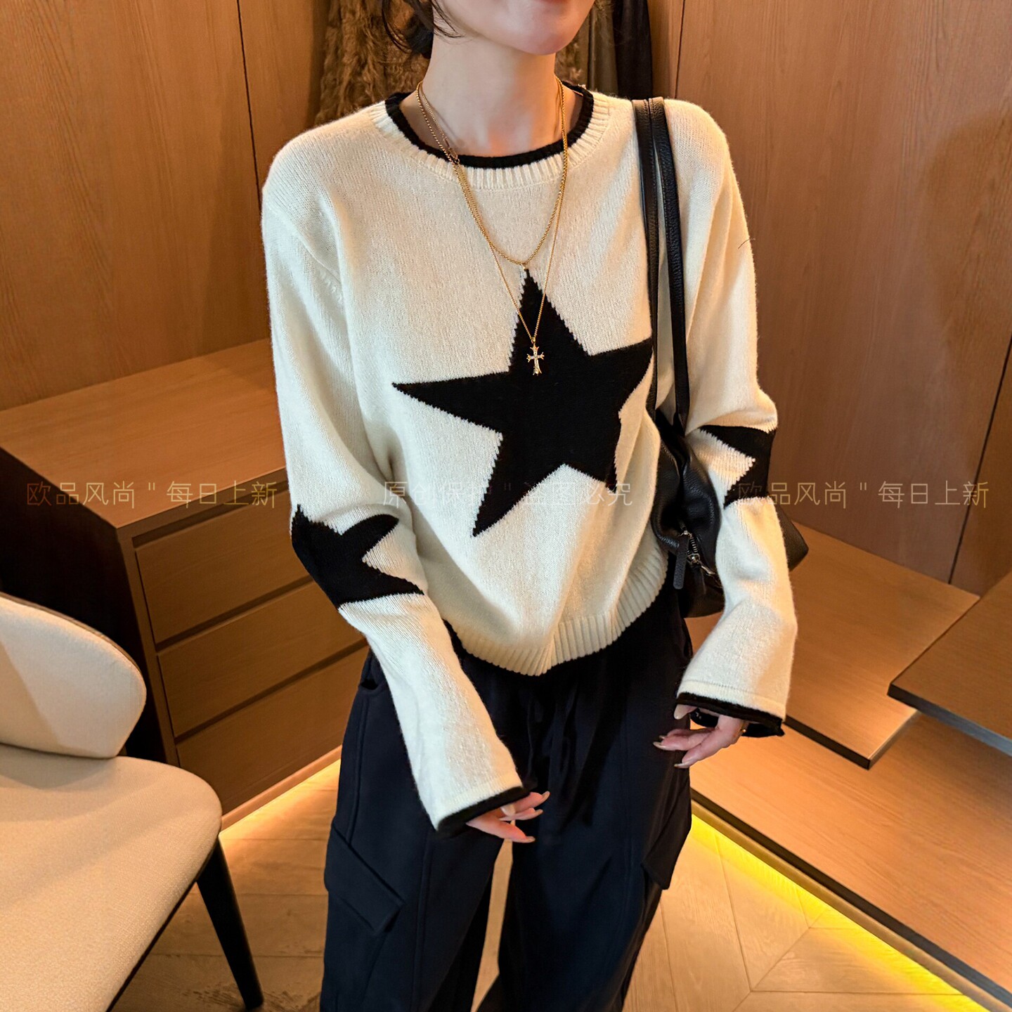 100%绵羊毛五角星针织衫女欧洲站