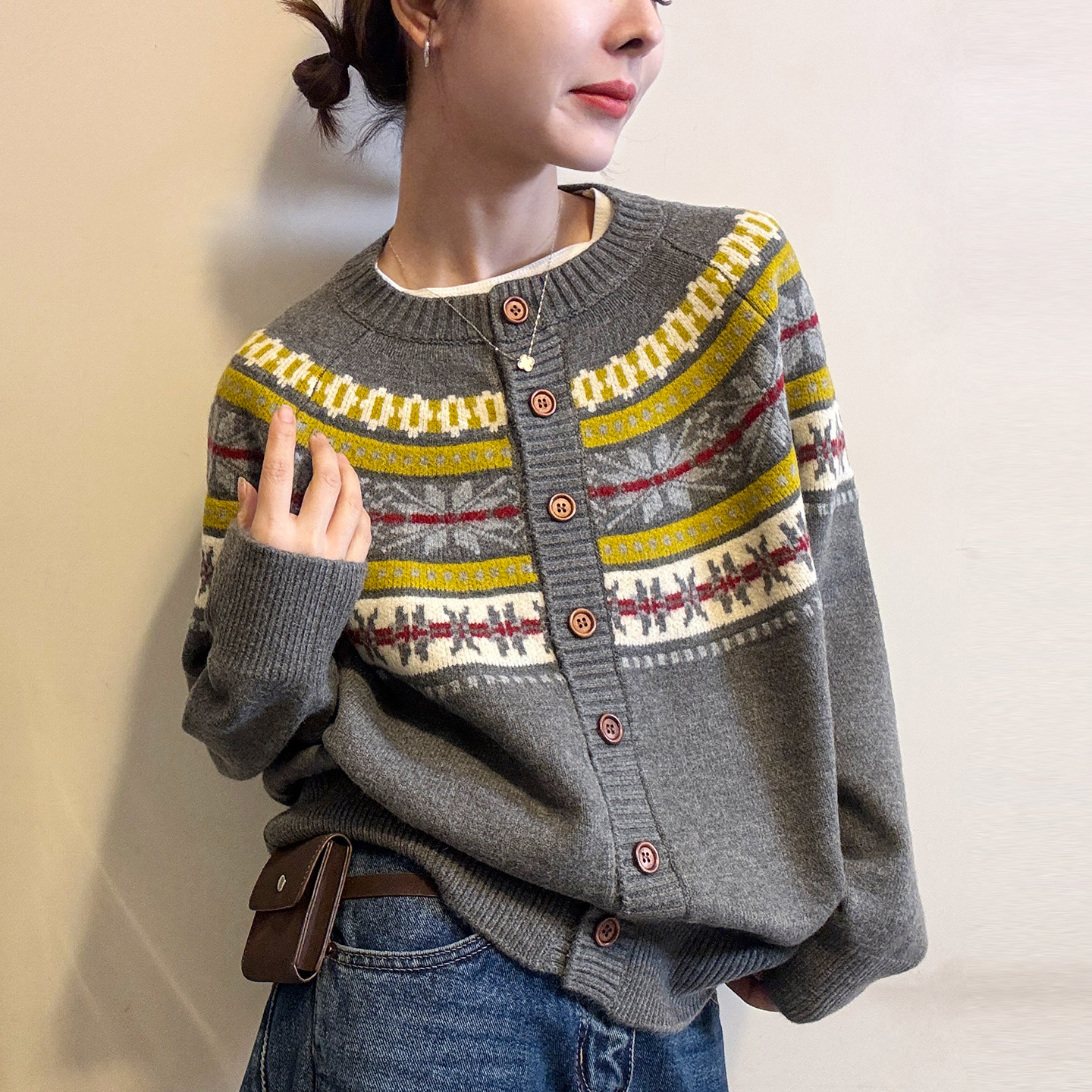 费尔岛提花羊毛针织开衫女欧洲站